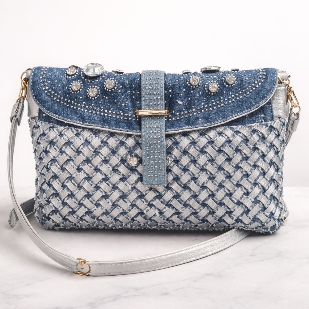Boutique Denim & Silver Woven Crossbody Bag Rhinestone Stud Flap Boho Western